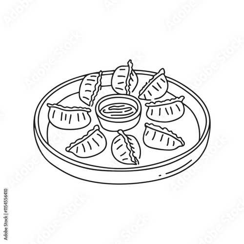 Doodle illustration of a plate of gyoza with dipping sauce on a restaurant table