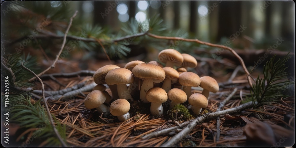 Group of Small Mushrooms Growing Among Pine Needles in Forest Group of Small Mushrooms Growing Among Pine Needles in Forest