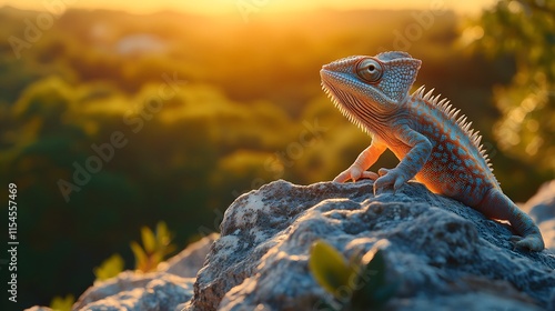 Professional wildlife photograph capturing a chameleon with intricate scales and spiky crest perched on rugged rock during sunset, featuring warm golden lighting and blurred forest background with bok photo