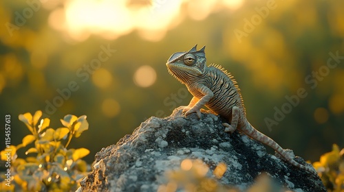 Professional wildlife photograph capturing a chameleon with intricate scales and spiky crest perched on rugged rock during sunset, featuring warm golden lighting and blurred forest background with bok photo