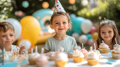 Happy children at birthday party with cupcakes.