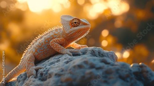 Professional wildlife photograph capturing a chameleon with intricate scales and spiky crest perched on rugged rock during sunset, featuring warm golden lighting and blurred forest background with bok photo