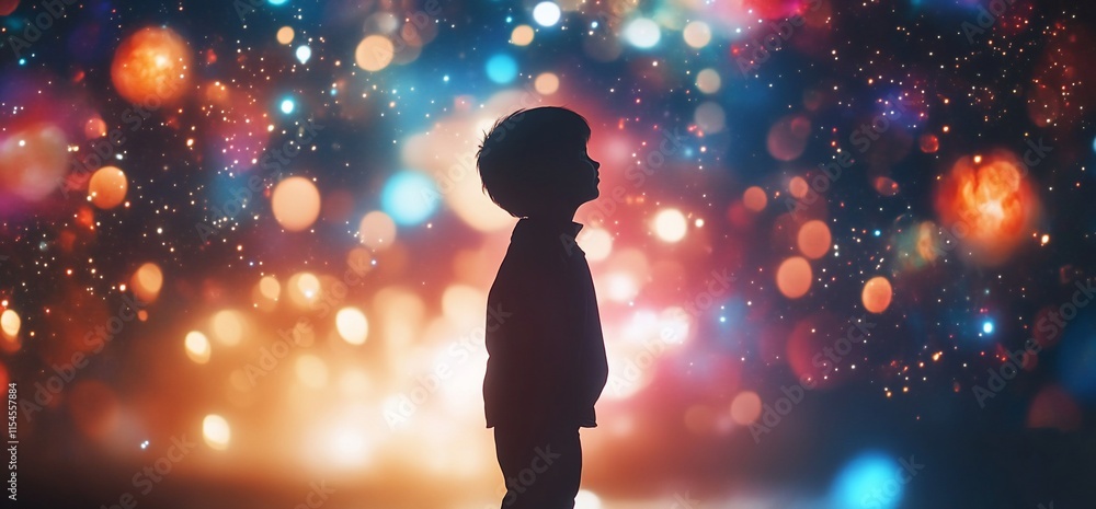 A silhouette of a child against a vibrant, colorful cosmic background.