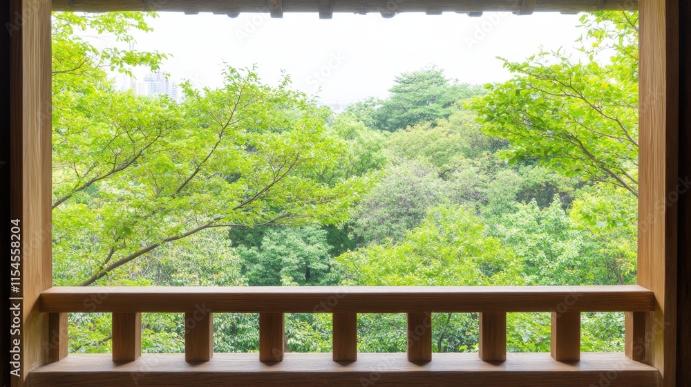 Serene Views of Lush Greenery Framed by a Wooden Window Structure Serene Views of Lush Greenery Framed by a Wooden Window Structure