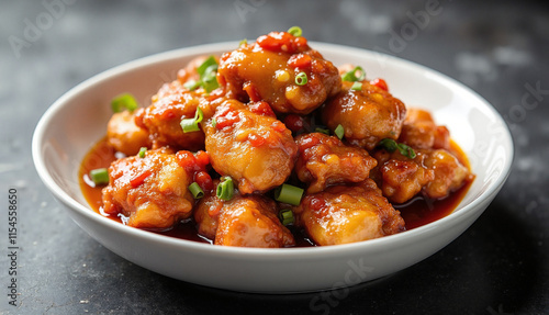 Colorful Sweet and Sour Chicken in White Bowl on Dark Stone Surface