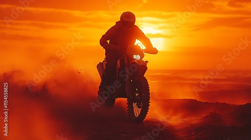 Silhouetted motorcyclist riding at sunset. photo