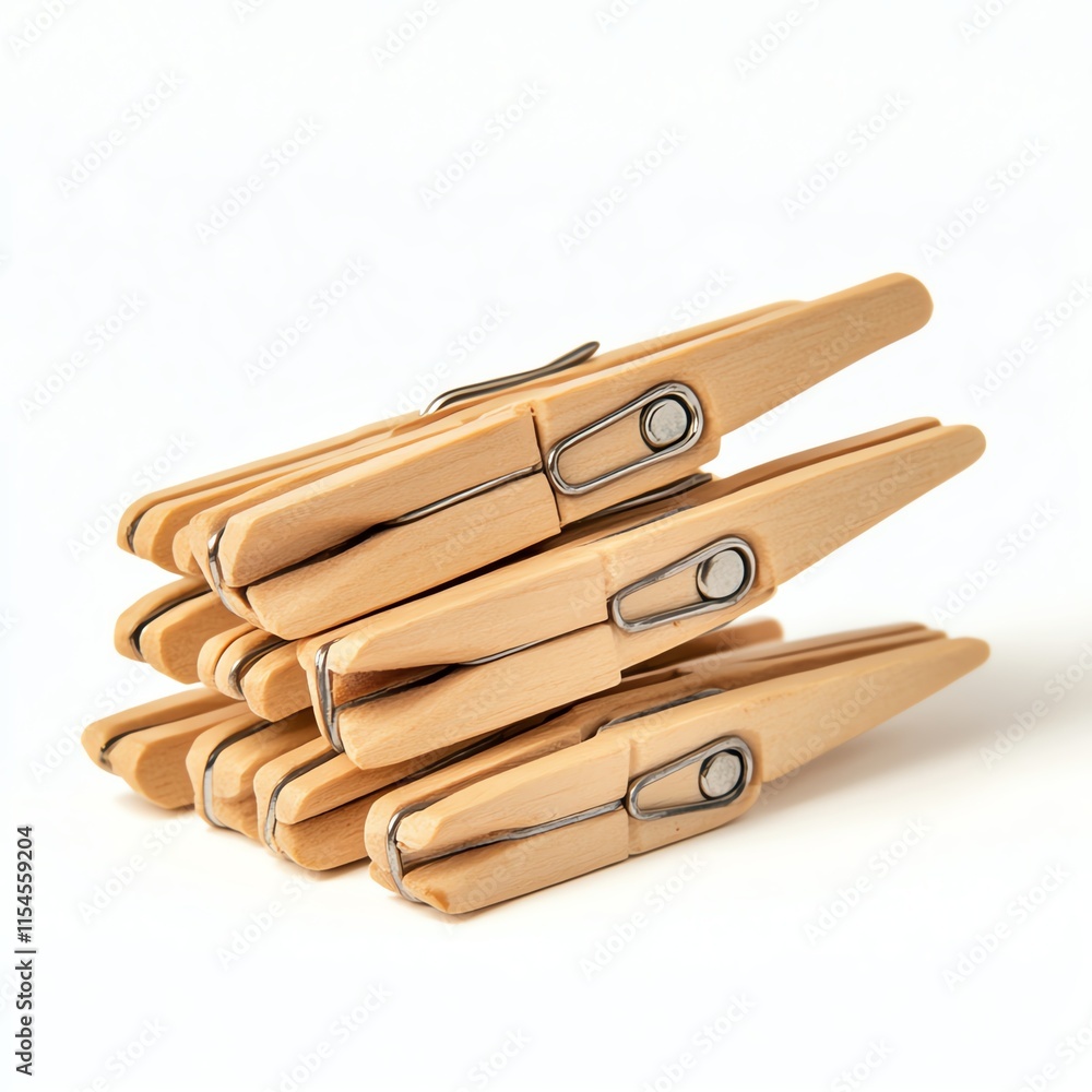 Wooden clothespins stacked on white isolated background. Wooden clothespins stacked on white isolated background.
