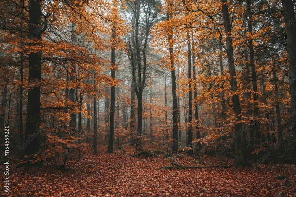 A serene autumn forest with vibrant orange leaves and misty ambiance. A serene autumn forest with vibrant orange leaves and misty ambiance.