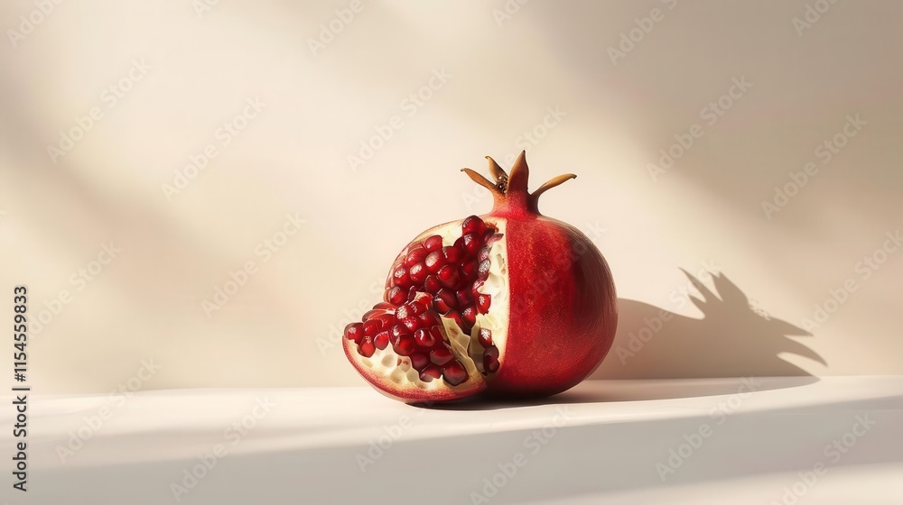 custom made wallpaper toronto digitalA pomegranate with a cut section revealing its juicy seeds, set against a soft background.