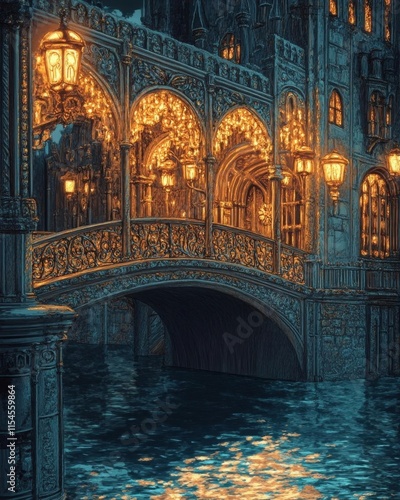 A beautifully lit bridge over calm waters at night.