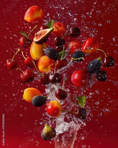 A vibrant splash of various fruits against a red background.
