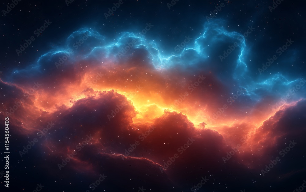 Fototapeta premium Abstract cosmic nebula with blue and orange energy clouds.