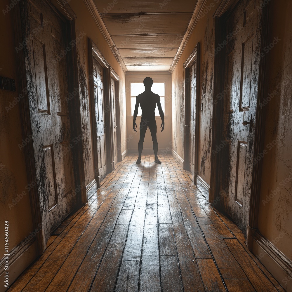 Eerie Shadowy Silhouette in Dimly Lit Corridor with Wooden Doors and Floor Evokes Mysterious Intrigue and Unease in Foreboding Interior Hallway Scene Eerie Shadowy Silhouette in Dimly Lit Corridor with Wooden Doors and Floor Evokes Mysterious Intrigue and Unease in Foreboding Interior Hallway Scene