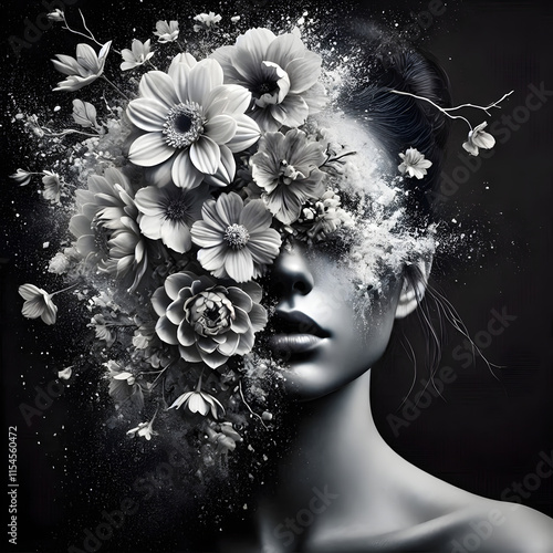 Black and white image of woman with flowers covering half of her face photo