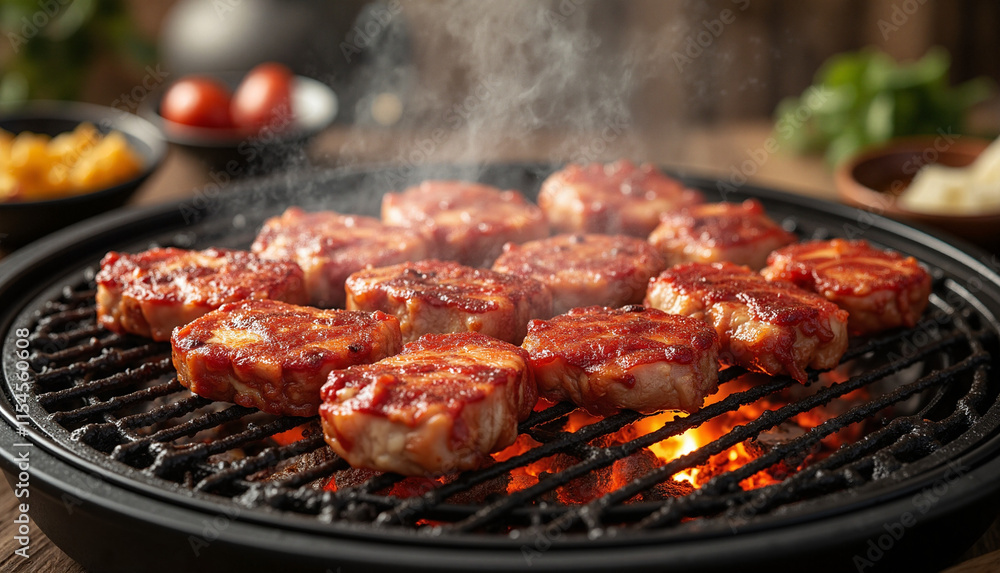 Grilled Korean BBQ Meat with Fiery Charcoal and Dramatic Steam in Cozy Outdoor Setting Grilled Korean BBQ Meat with Fiery Charcoal and Dramatic Steam in Cozy Outdoor Setting