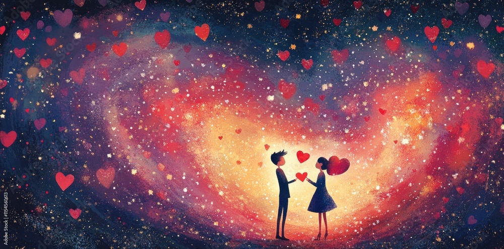 Couple Sharing Love Amidst A Heart Filled Galaxy Couple Sharing Love Amidst A Heart Filled Galaxy