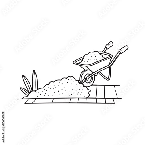 Doodle illustration of gravel being poured onto a garden path with a wheelbarrow
