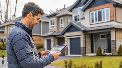 Real Estate Agent Using Tablet to Inspect a Modern House
