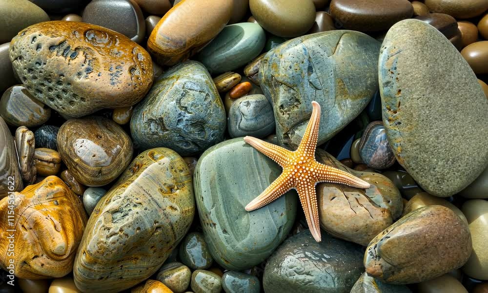 Starfish on wet, smooth, multicolored stones in natural setting Starfish on wet, smooth, multicolored stones in natural setting