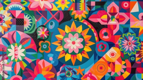 Colorful abstract floral patterns in vibrant geometric designs.