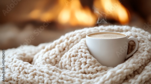 Cozy coffee cup in knit blanket by fireplace. photo