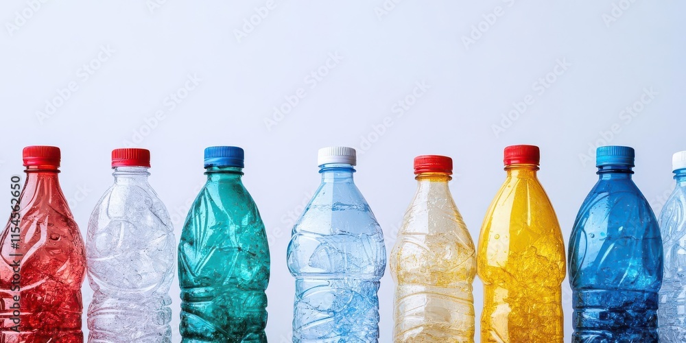 A row of colorful plastic water bottles on a light background. A row of colorful plastic water bottles on a light background.