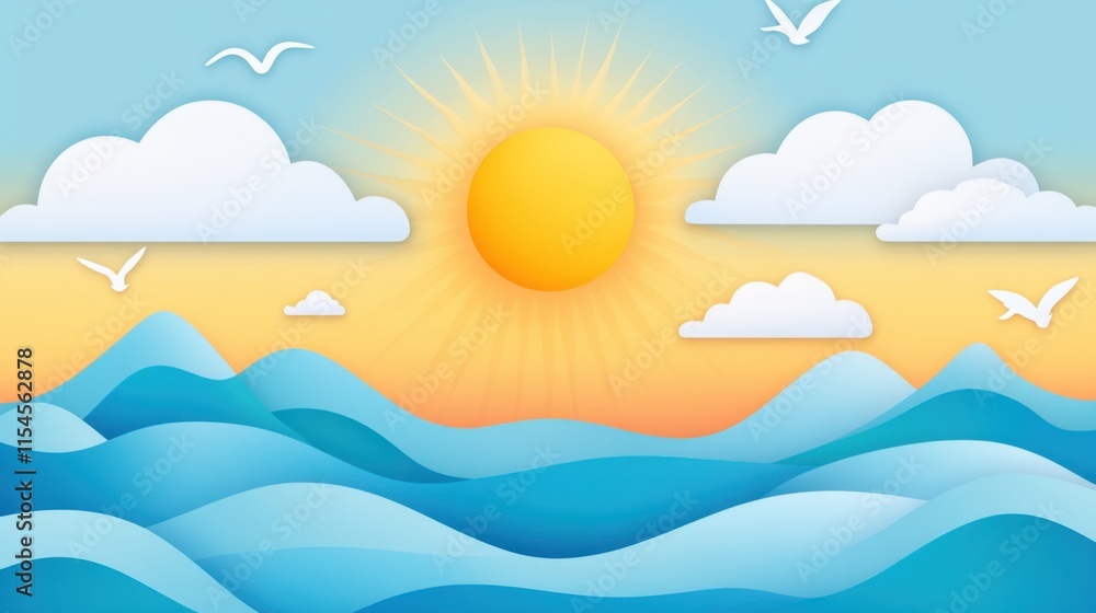 Colorful Abstract Landscape with Sun, Clouds, and Waves in Soft Tones Colorful Abstract Landscape with Sun, Clouds, and Waves in Soft Tones