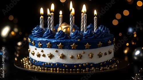 Navy blue birthday cake with gold stars and candles.