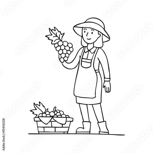 Doodle illustration of a farmer harvesting ripe grapes from a vineyard