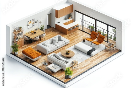 Isometric 3D rendering of a contemporary living room inside an open-plan apartment, showcasing modern furniture and decor.