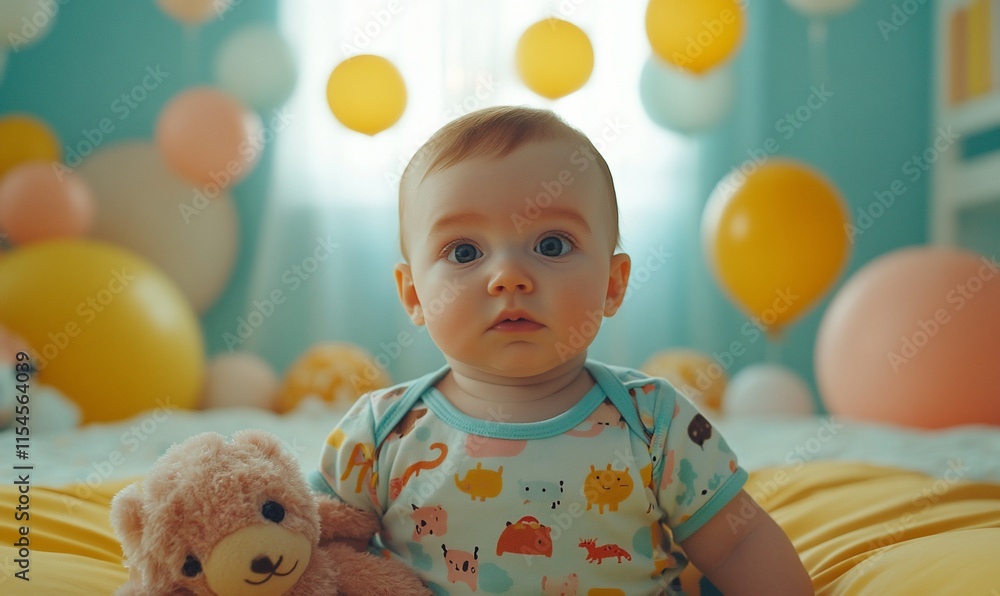 Adorable baby boy sitting on bed with teddy bear, surrounded by pastel balloons. Adorable baby boy sitting on bed with teddy bear, surrounded by pastel balloons.