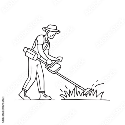 Doodle illustration of a gardener trimming a lawn using a grass cutter