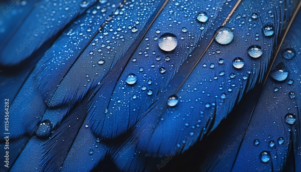 Naklejka premium closeup of dew drops on a blue feather, crystalclear water droplets, vibrant blue feather texture, macro shot, soft natural lighting