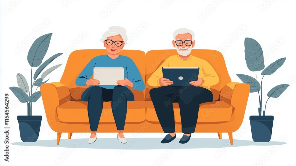 A vibrant vector illustration of a smiling senior couple seated on a cheerful orange sofa, each engrossed in using a tablet. A vibrant vector illustration of a smiling senior couple seated on a cheerful orange sofa, each engrossed in using a tablet.