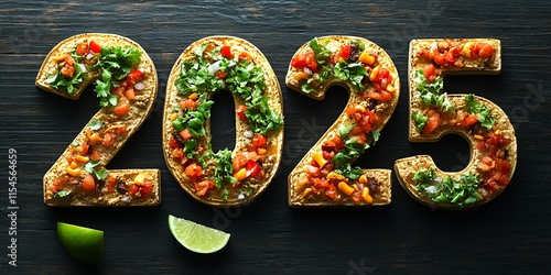 2025 New Year Celebration with 3D Tacos, Crunchy Tacos Filled with Lettuce, Cheese, and Salsa, Rustic Setting with Lime, Hot Sauce, and Tortilla Chips photo