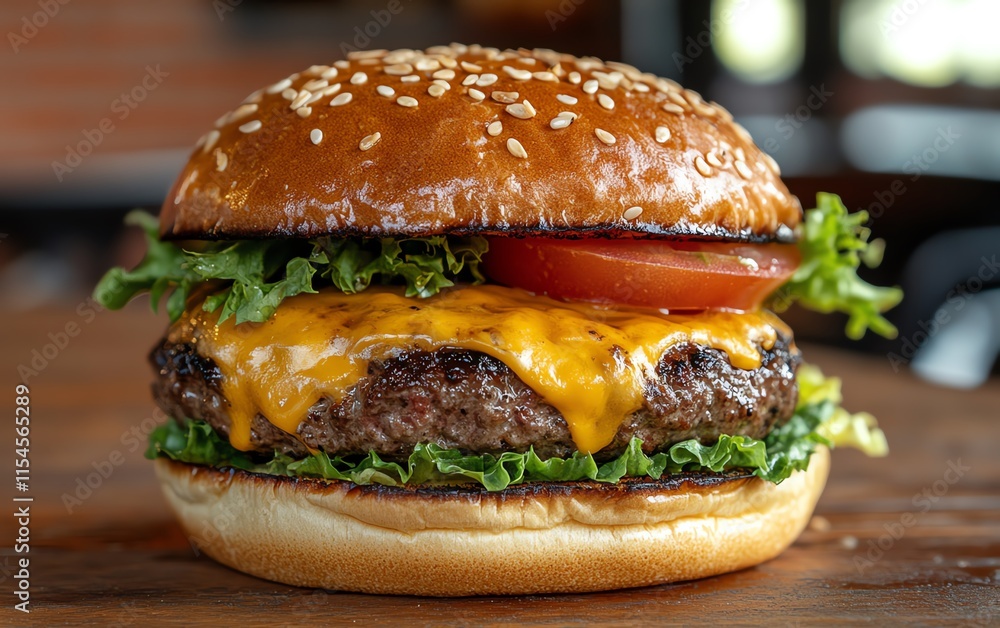 delicious American cheeseburger closeup, golden melted cheese on juicy beef patty, fresh lettuce, ripe tomato, sesame seed bun, appetizing food delicious American cheeseburger closeup, golden melted cheese on juicy beef patty, fresh lettuce, ripe tomato, sesame seed bun, appetizing food