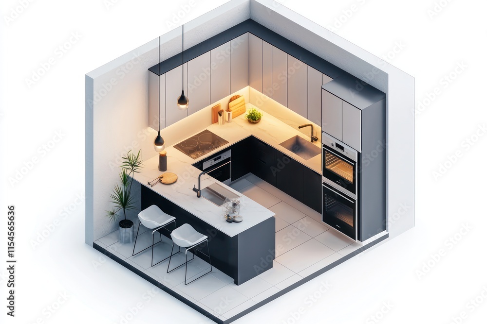 Isometric view of a kitchen interior, showcasing sleek appliances, minimalist design, and modern cabinetry in a 3D rendering.