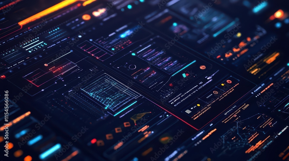Futuristic digital interface with data visualizations and coding elements. Futuristic digital interface with data visualizations and coding elements.