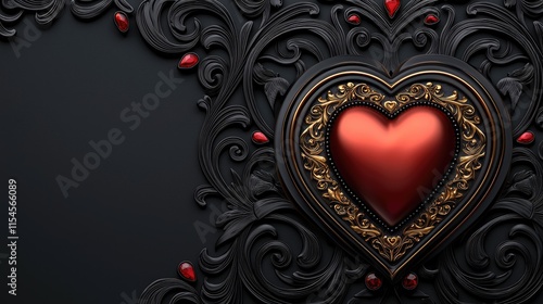 A decorative heart framed in ornate design, surrounded by intricate patterns and deep colors, evoking a romantic and elegant atmosphere.