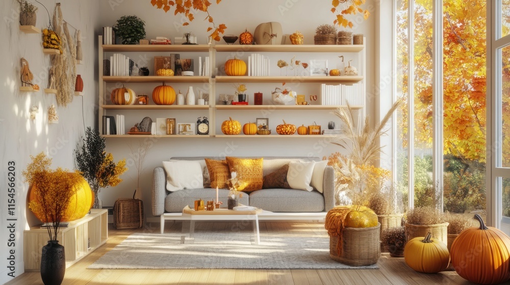 Cozy autumn living room with pumpkins, shelves, and natural decor. Cozy autumn living room with pumpkins, shelves, and natural decor.