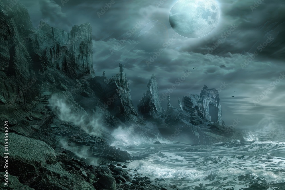 Obraz premium Dark Fantasy Landscape with Towering Cliffs and Crashing Waves