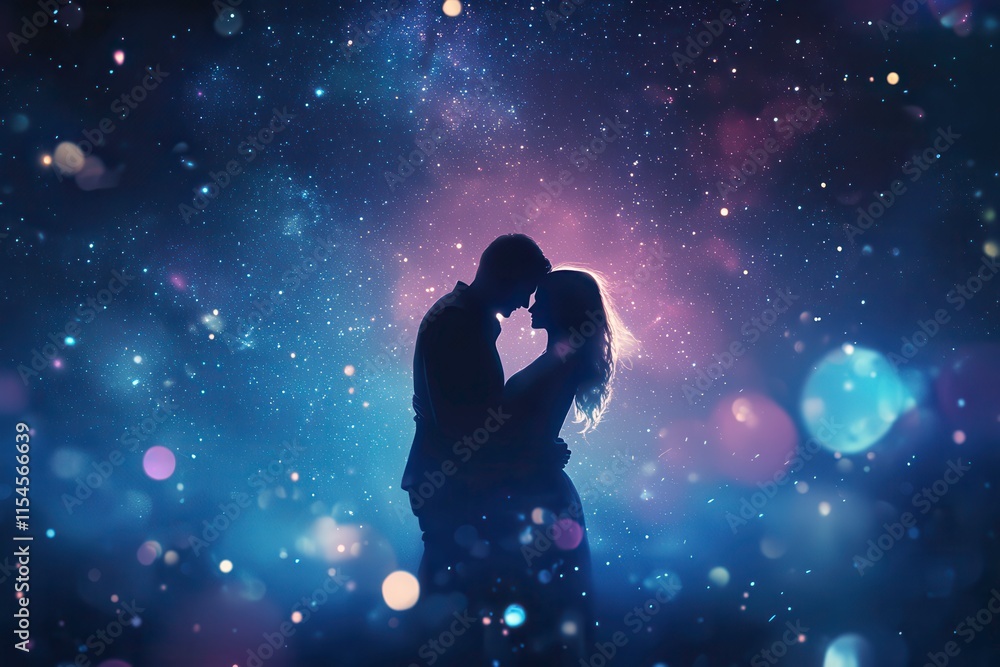 Couple Embraces Under a Starry Sky With Soft Bokeh and Ethereal Lighting in Romantic Hues of Blue and Purple. Generative AI Couple Embraces Under a Starry Sky With Soft Bokeh and Ethereal Lighting in Romantic Hues of Blue and Purple. Generative AI