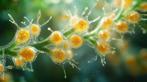 Wallpaper Mural Microscopic view of golden-yellow spheres encased in translucent sacs attached to a green stem. Torontodigital.ca