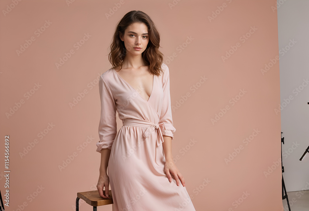 Fototapeta premium A young woman with shoulderlength brown hair models a pale pink, longsleeved wrap dress against a peach background. She rests one hand on a small wooden stool. Professional studio lighting.