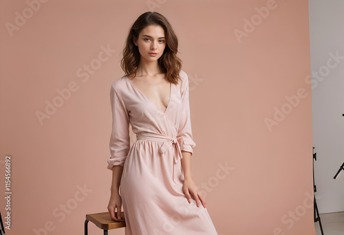 A young woman with shoulderlength brown hair models a pale pink, longsleeved wrap dress against a peach background. She rests one hand on a small wooden stool. Professional studio lighting. photo