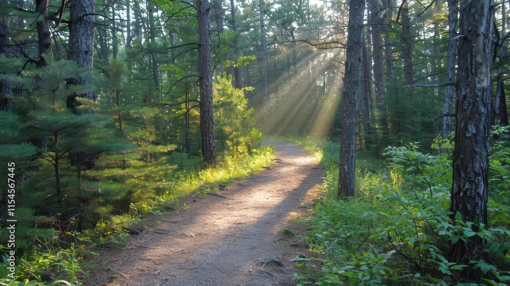 Obraz premium A serene forest path illuminated by sunlight filtering through the trees.