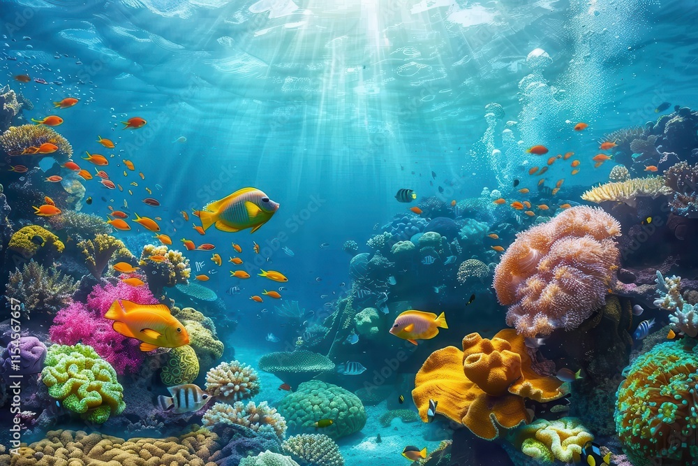 Fototapeta premium Vibrant Coral Reefs Teeming With Colorful Tropical Fish in Crystal-Clear Waters. Generative AI