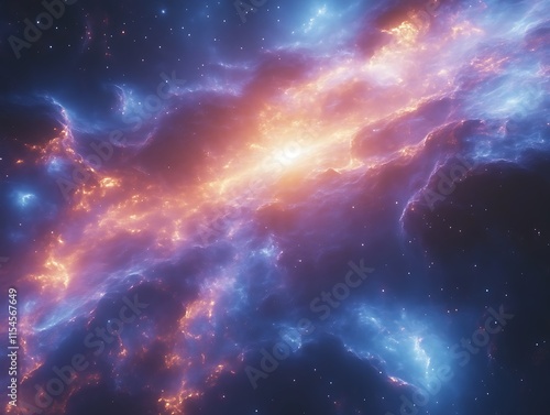 Fiery, cosmic nebula with swirling orange and blue gases.