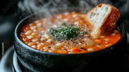 Steaming hot bean soup with crusty bread.