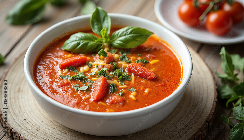 Creamy Tomato Soup in White Bowl with Basil Garnish on Rustic Wooden Table Creamy Tomato Soup in White Bowl with Basil Garnish on Rustic Wooden Table